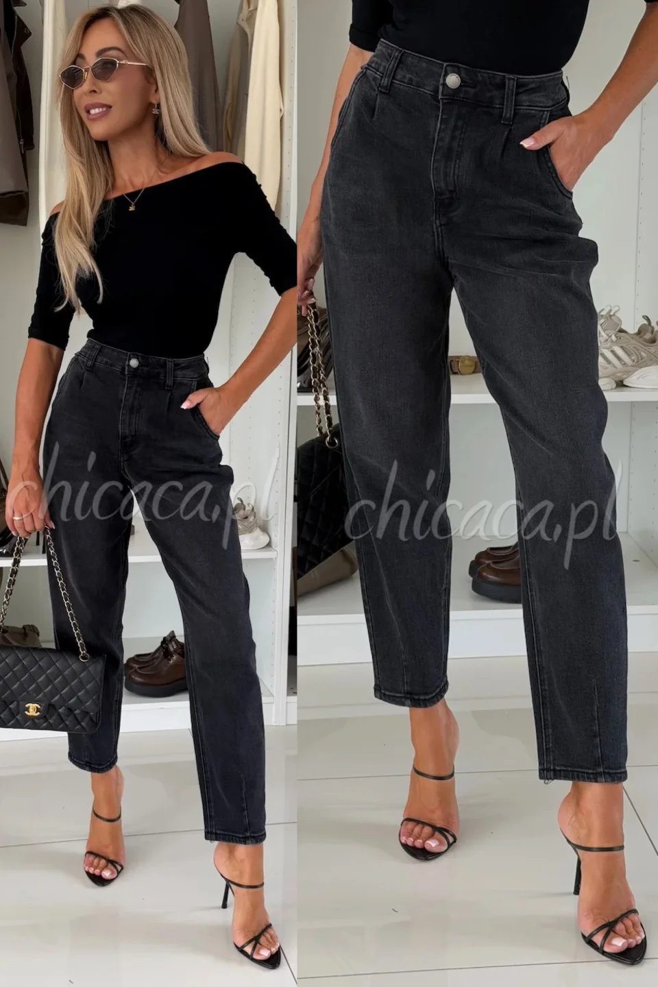 SPODNIE JEANSOWE Z BAWEŁNĄ MOM FIT JOHN CZARNE