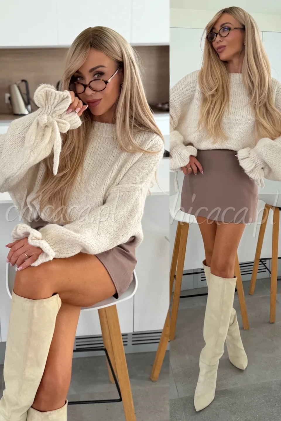 SWETER Z KID MOHEREM I WEŁNĄ BEŻOWY